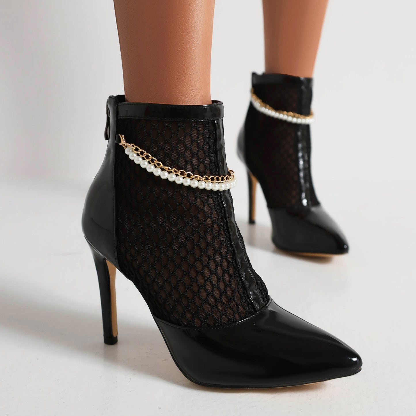 Glossy Pointed Toe Mesh Pearls Chains Stiletto Heel Ankle Boots for Women