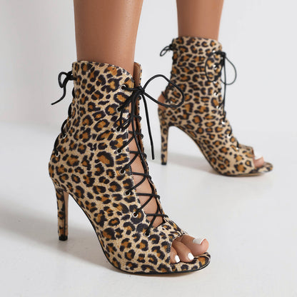 Cow-printed Peep Toe Lace-Up Stiletto Heel Ankle Boots for Women