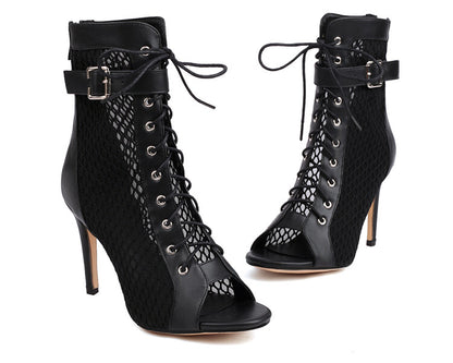 Peep Toe Mesh Lace-Up Buckle Straps Stiletto Heel Ankle Boots for Women