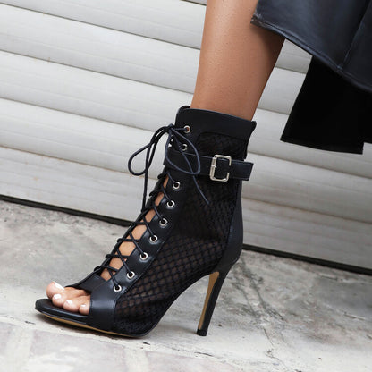 Peep Toe Mesh Lace-Up Buckle Straps Stiletto Heel Ankle Boots for Women