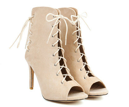 Peep Toe Crossed Tied Lace-Up Stiletto Heel Ankle Boots for Women