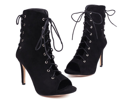 Peep Toe Crossed Tied Lace-Up Stiletto Heel Ankle Boots for Women