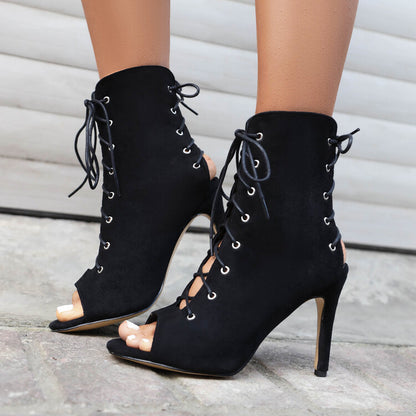 Peep Toe Crossed Tied Lace-Up Stiletto Heel Ankle Boots for Women