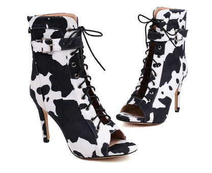 Cow Leopard Print Peep Toe Lace-Up Stiletto Heel Ankle Boots for Women