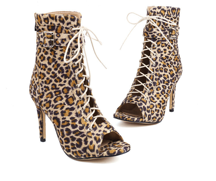 Cow Leopard Print Peep Toe Lace-Up Stiletto Heel Ankle Boots for Women