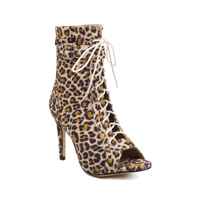 Cow Leopard Print Peep Toe Lace-Up Stiletto Heel Ankle Boots for Women