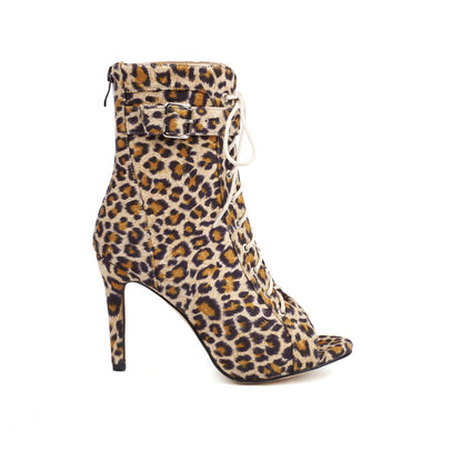 Cow Leopard Print Peep Toe Lace-Up Stiletto Heel Ankle Boots for Women