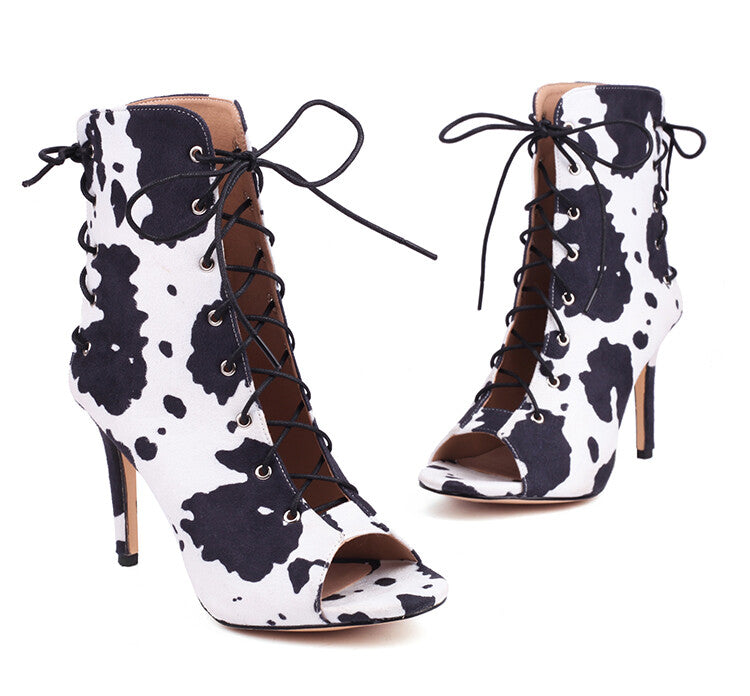 Cow-printed Peep Toe Lace-Up Stiletto Heel Ankle Boots for Women