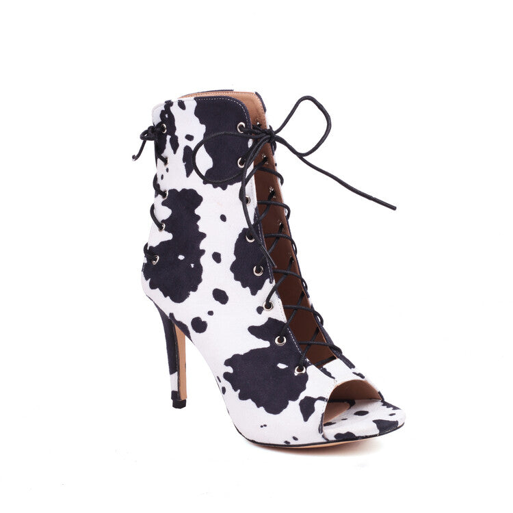 Cow-printed Peep Toe Lace-Up Stiletto Heel Ankle Boots for Women