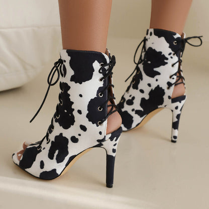 Cow-printed Peep Toe Lace-Up Stiletto Heel Ankle Boots for Women