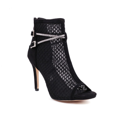 Peep Toe Mesh Rhinestone Chains Stiletto Heel Ankle Boots for Women