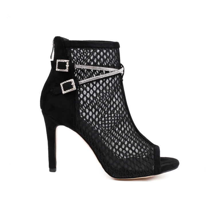 Peep Toe Mesh Rhinestone Chains Stiletto Heel Ankle Boots for Women