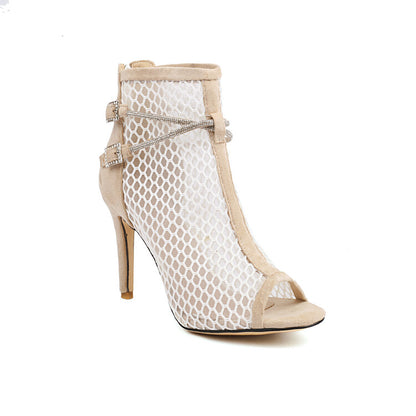 Peep Toe Mesh Rhinestone Chains Stiletto Heel Ankle Boots for Women