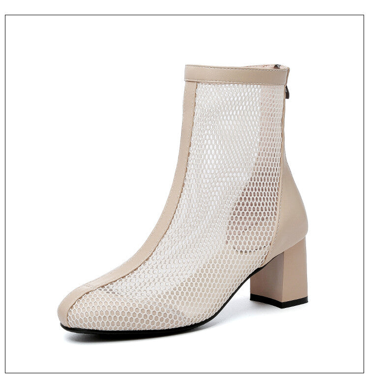 Ankle Boots Pointed Toe Mesh Block Chunky Heel Booties for Women