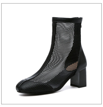 Ankle Boots Pointed Toe Mesh Block Chunky Heel Booties for Women