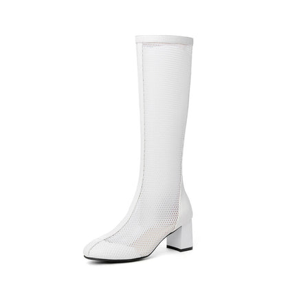 Round Toe Mesh Block Chunky Heel Knee High Boots for Women