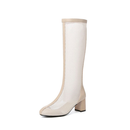 Round Toe Mesh Block Chunky Heel Knee High Boots for Women