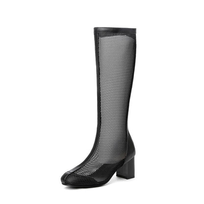 Round Toe Mesh Block Chunky Heel Knee High Boots for Women