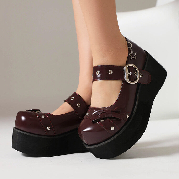 Bow Tie Wedge Heel Mary Jane Platform Pumps for Women