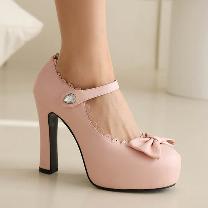 Bow Tie Ankle Strap Chunky Heel Mary Jane Platform Pumps for Women