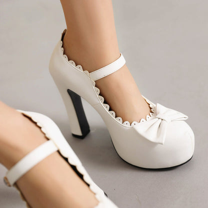 Bow Tie Ankle Strap Chunky Heel Mary Jane Platform Pumps for Women