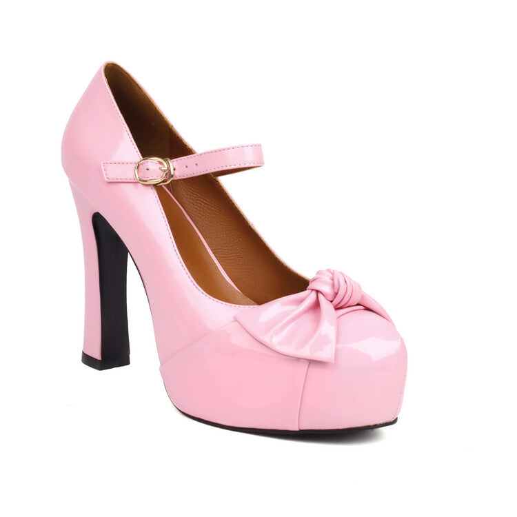 Bow Tie Shallow Chunky Heel Mary Jane Platform Pumps for Women