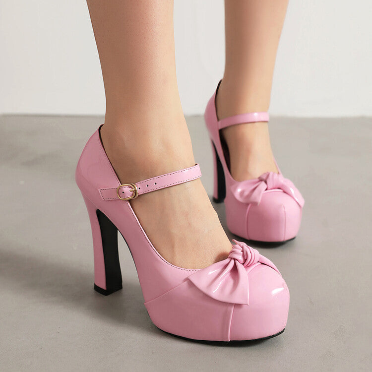 Bow Tie Shallow Chunky Heel Mary Jane Platform Pumps for Women