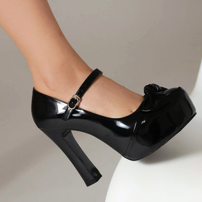 Bow Tie Shallow Chunky Heel Mary Jane Platform Pumps for Women