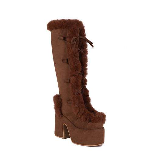 Furry Chunky Heel Mid Calf Platform Boots for Women