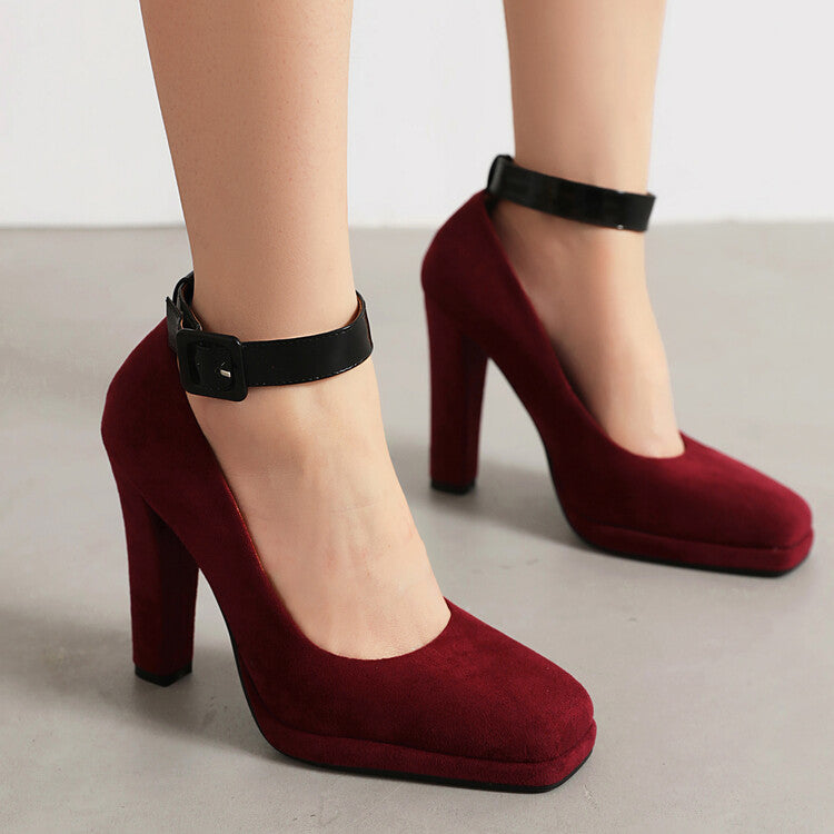 Shallow Buckles Ankle Strap Chunky Heel Pumps for Women