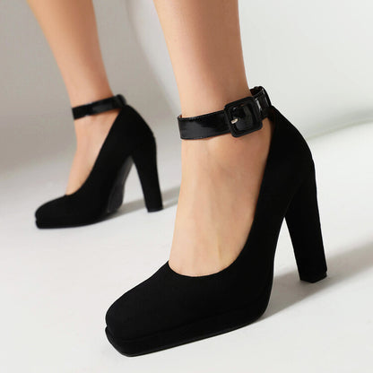 Shallow Buckles Ankle Strap Chunky Heel Pumps for Women