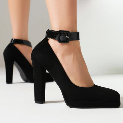 Shallow Buckles Ankle Strap Chunky Heel Pumps for Women