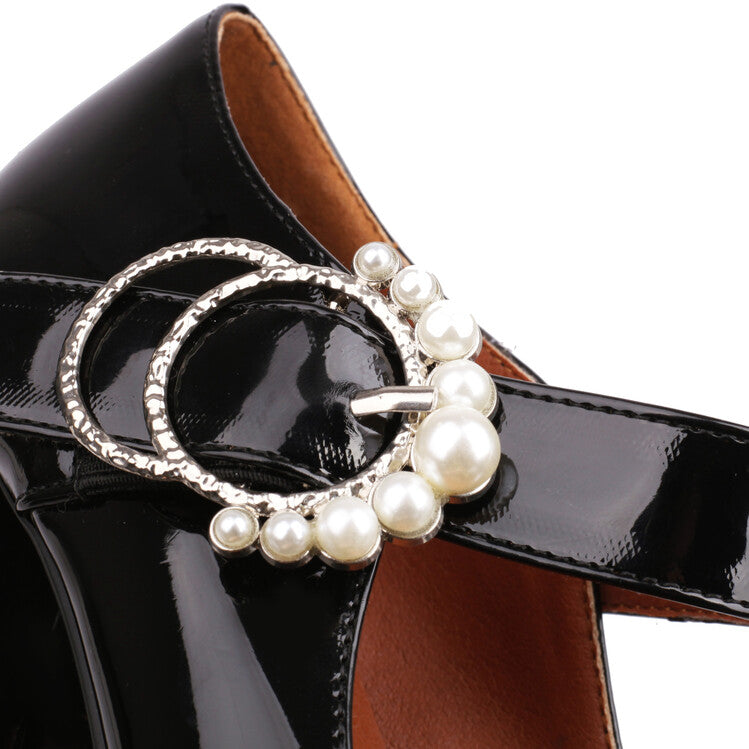 Square Toe Pearls Chunky Heel Mary Jane Platform Pumps for Women