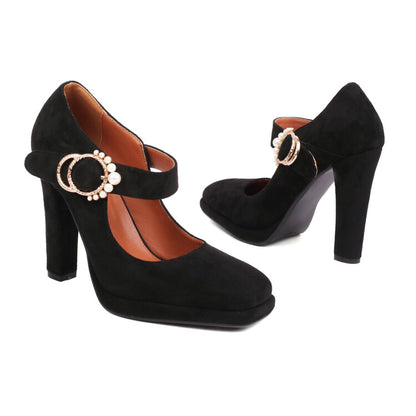 Square Toe Pearls Chunky Heel Mary Jane Platform Pumps for Women