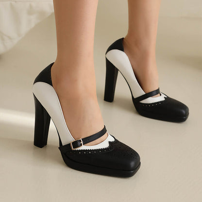 Bicolor Chunky Heel Mary Jane Platform Pumps for Women