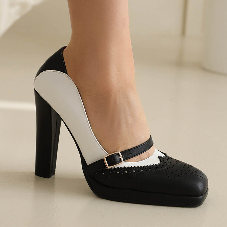 Bicolor Chunky Heel Mary Jane Platform Pumps for Women