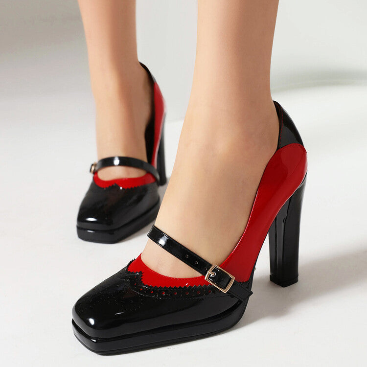 Bicolor Chunky Heel Mary Jane Platform Pumps for Women