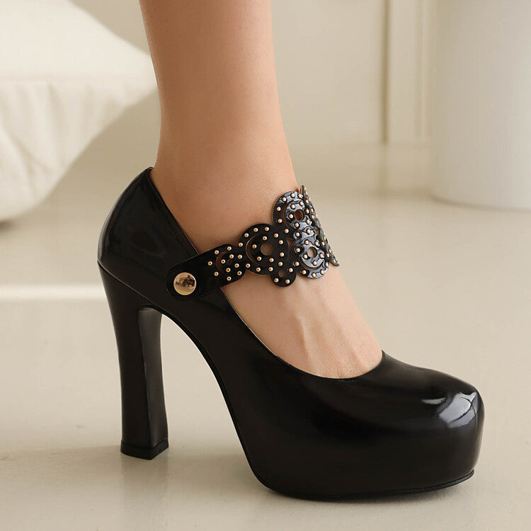 Studded Chunky Heel Mary Jane Platform Pumps for Women