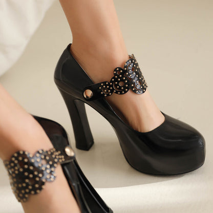 Studded Chunky Heel Mary Jane Platform Pumps for Women