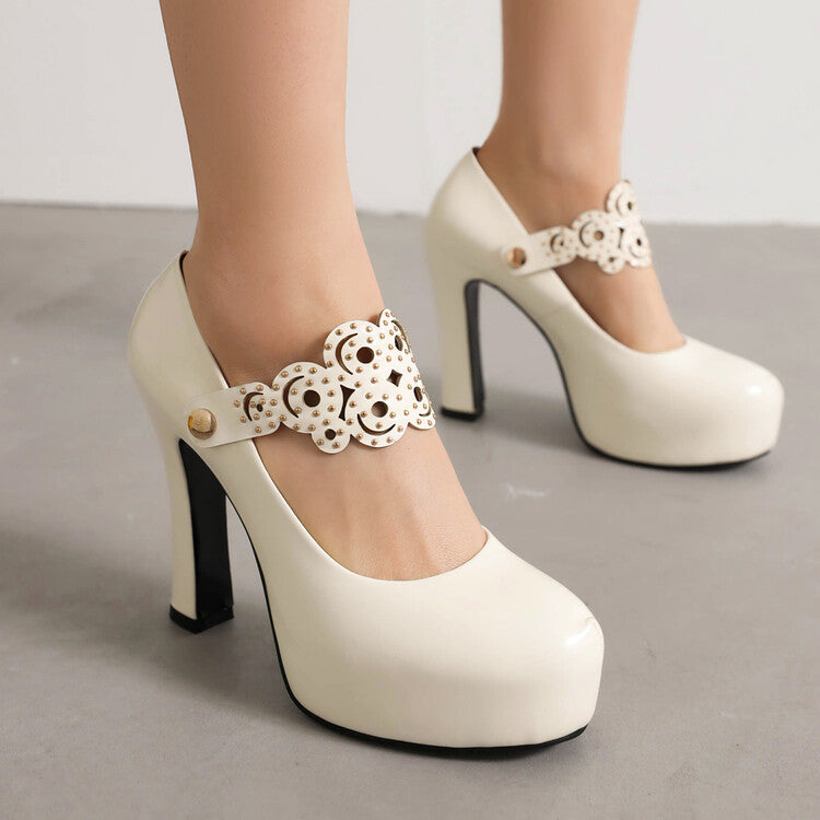 Studded Chunky Heel Mary Jane Platform Pumps for Women