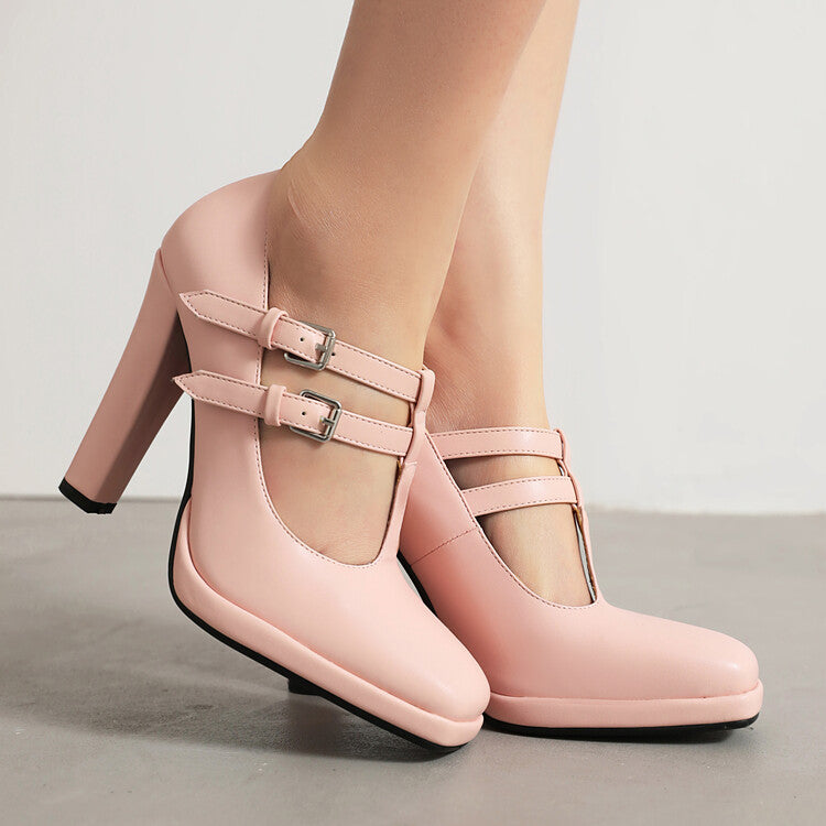 Square Toe T Strap Buckle Straps Chunky Heel Mary Jane Platform Pumps for Women