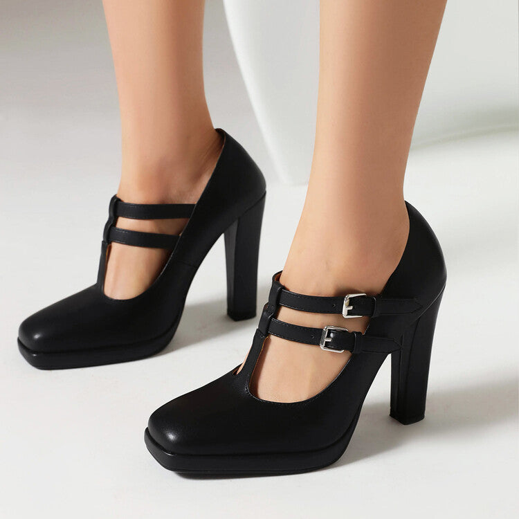 Square Toe T Strap Buckle Straps Chunky Heel Mary Jane Platform Pumps for Women