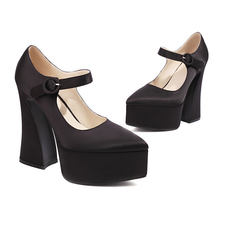 Stain Pointed Toe Straps Buckles Spool Heel Mary Jane Platform Pumps for Women