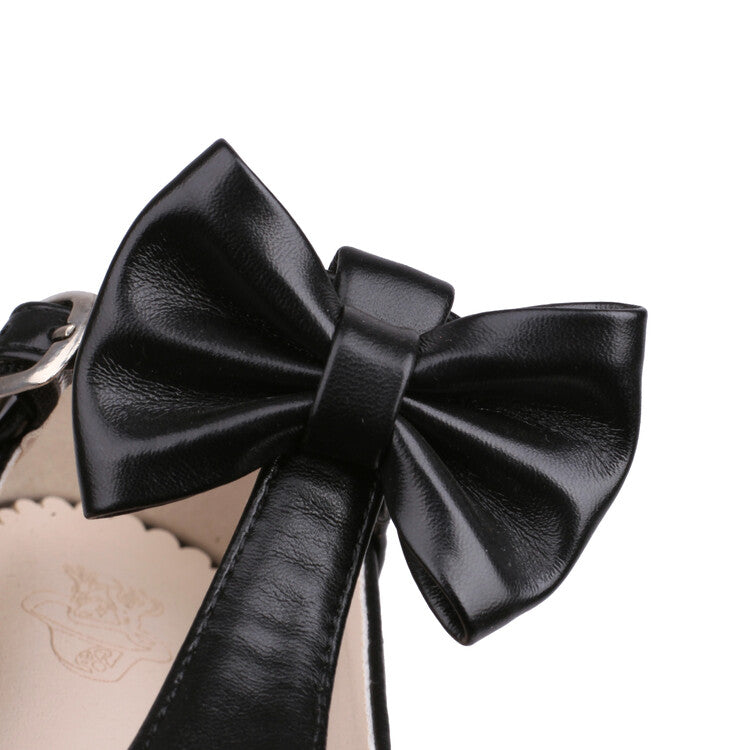 Round Toe Carved T Strap Bow Tie Spool Heel Mary Jane Pumps for Women