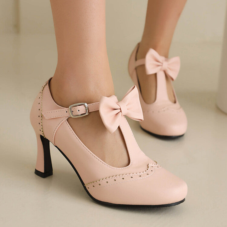 Round Toe Carved T Strap Bow Tie Spool Heel Mary Jane Pumps for Women