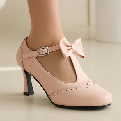 Round Toe Carved T Strap Bow Tie Spool Heel Mary Jane Pumps for Women