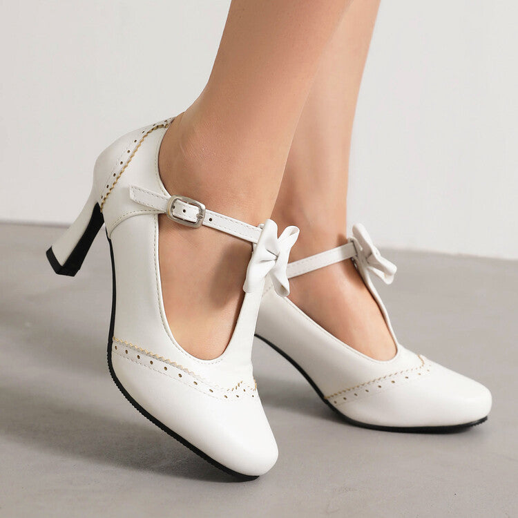 Round Toe Carved T Strap Bow Tie Spool Heel Mary Jane Pumps for Women