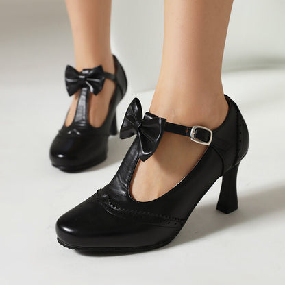 Round Toe Carved T Strap Bow Tie Spool Heel Mary Jane Pumps for Women