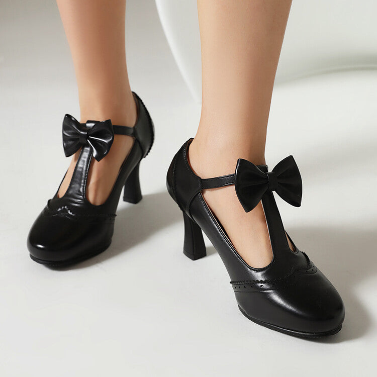 Round Toe Carved T Strap Bow Tie Spool Heel Mary Jane Pumps for Women