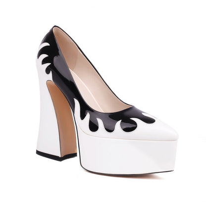 Pointed Toe Bicolor Shallow Spool Heel Platform Pumps for Women